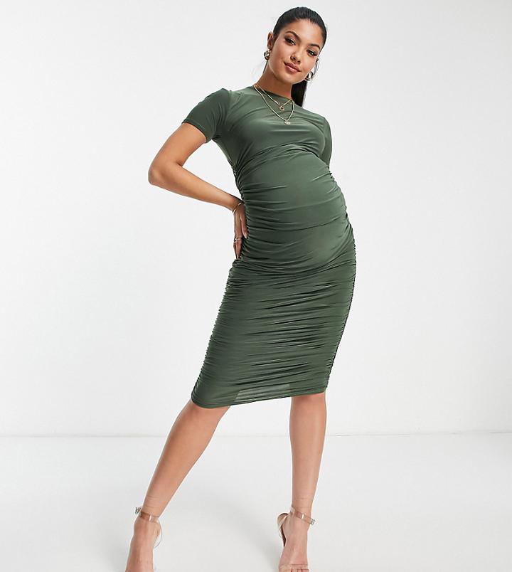 Missguided Maternity Slinky Midi Dress In Khaki-green