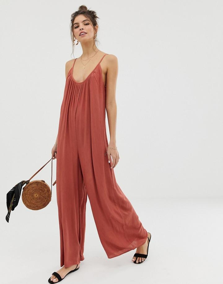 Asos Design Low Back Jumpsuit In Crinkle-brown
