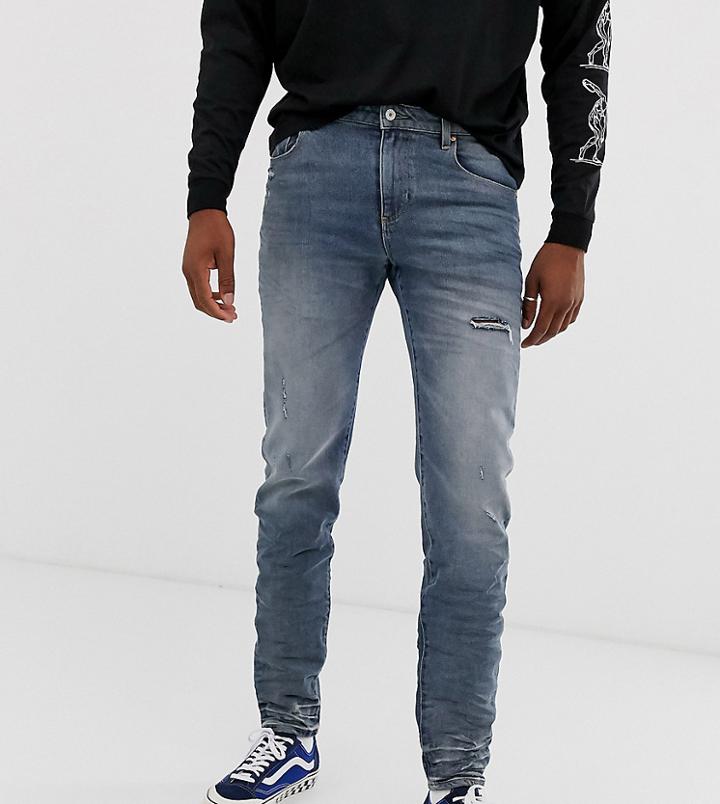 Asos Design Tall 12.5oz Tapered Jeans In Mid Wash Blue Wih Abrasions