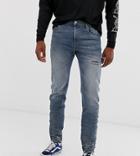 Asos Design Tall 12.5oz Tapered Jeans In Mid Wash Blue Wih Abrasions