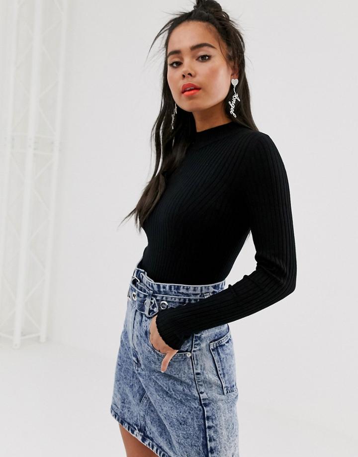 Bershka Basic Ribbed Crew Neck Sweater In Black - Black