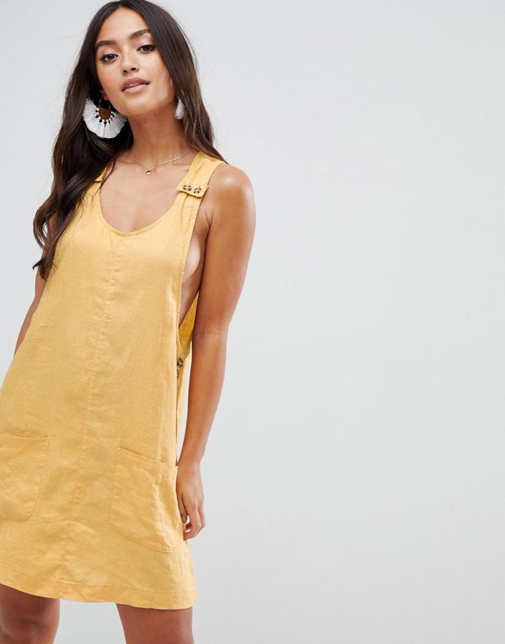Rhythm Amalfi Linen Pinafore Dress In Yellow - Yellow