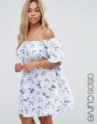 Asos Curve Off Shoulder Mini Dress In Floral Print - Blue