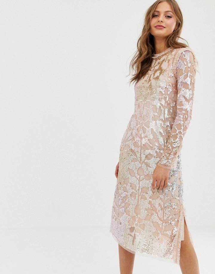 Needle & Thread Tiled Sequin Embellished Midi Shift Dress In Rose - Pink