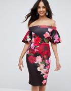 Jessica Wright Printed Pencil Midi Dress With Frill Sleeve - Navy
