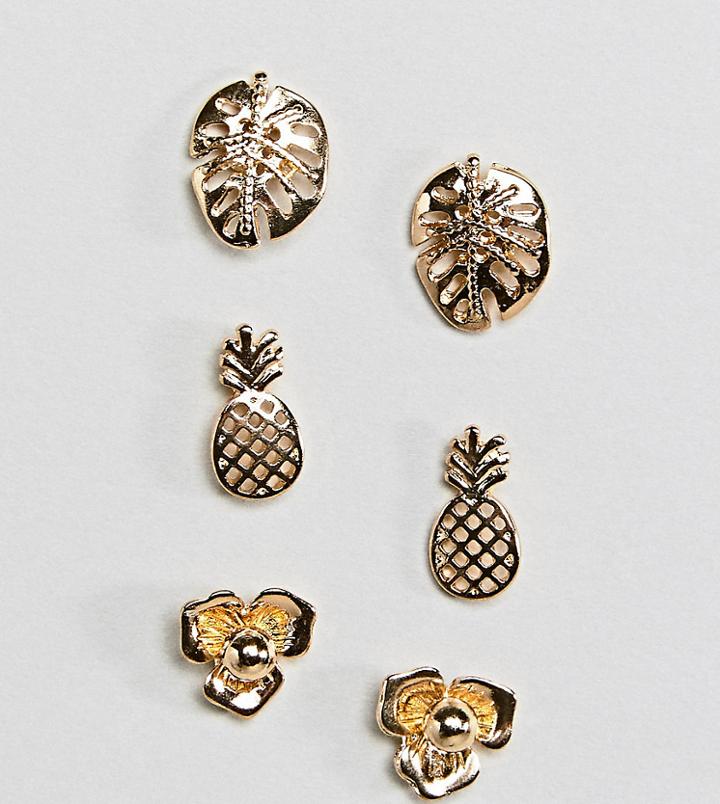 Asos Design Pack Of 3 Palm Leaf And Pineapple Stud Earrings - Gold