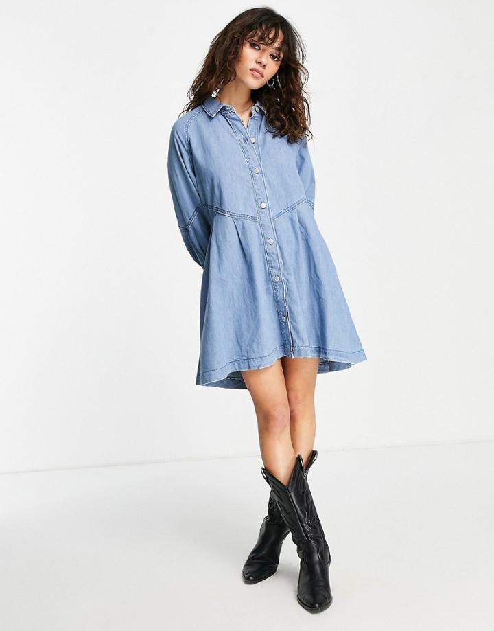 Free People Hannah Mini Denim Dress In Mid-blue