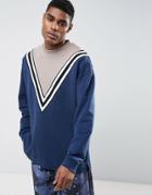 Asos Oversized Longline Cut & Sew Sweatshirt With Stripe Print - Navy