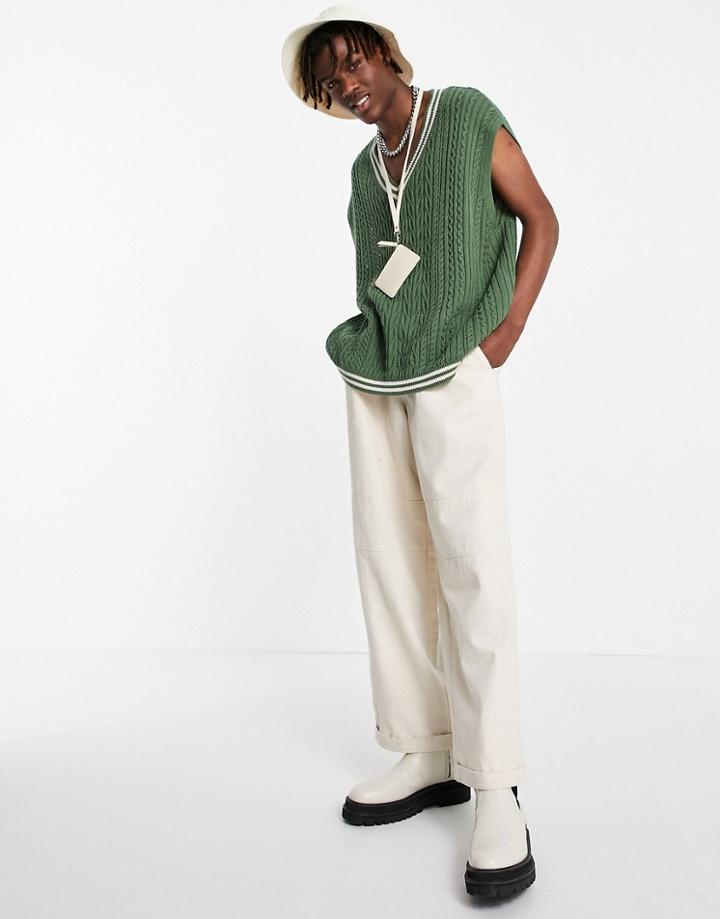 Asos Design Knit Sweater Vest In Bottle Green With Tipping