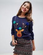 Brave Soul Reindeer Christmas Sweater With Pom Poms - Navy