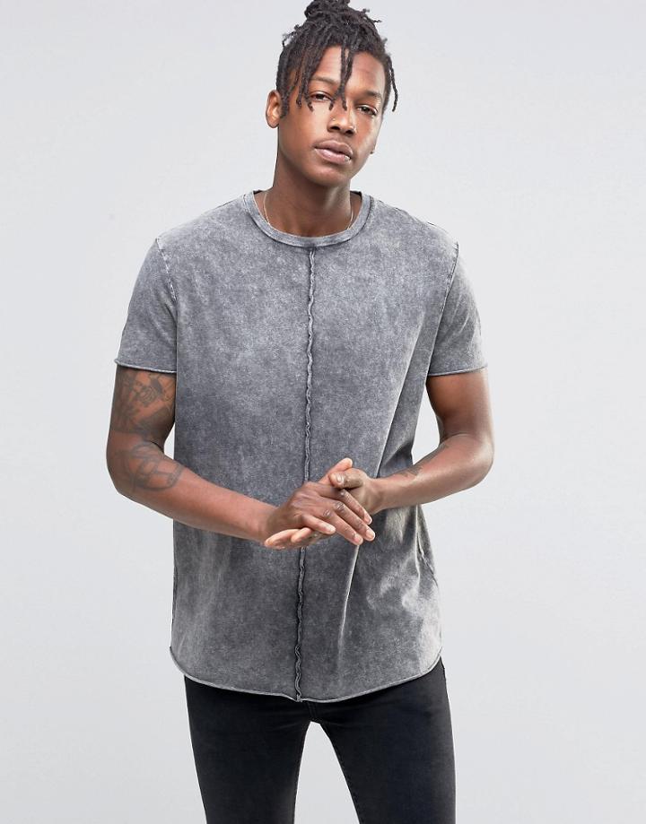 Asos Longline T-shirt With Raw Curved Hem And Gray Acid Wash - Acid Wash Gray