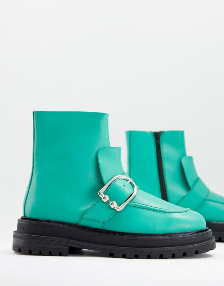 Asos Design Aspen Leather Buckle Boots In Green