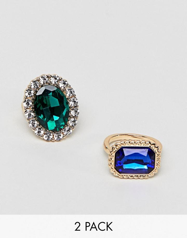 Asos Design Pack Of 2 Rings In Vintage Style Statement Jewel Design In Gold - Gold
