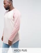Asos Plus Super Longline Long Sleeve T-shirt With Contrast Raglan And Curved Hem In Pink - Pink