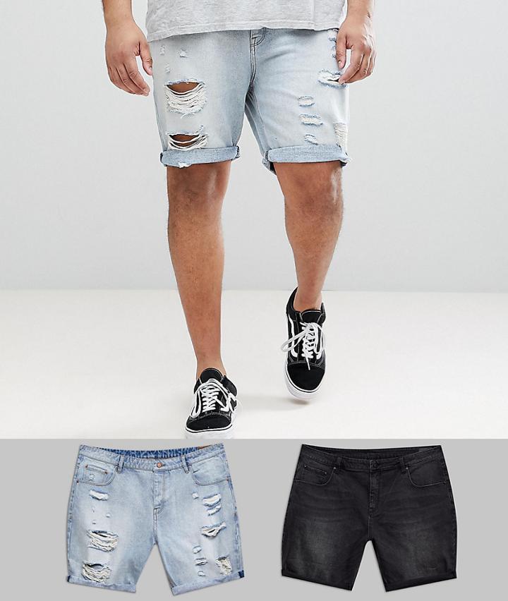 Asos Plus Denim Shorts In Slim Washed Black & Light Wash With Heavy Rips - Multi