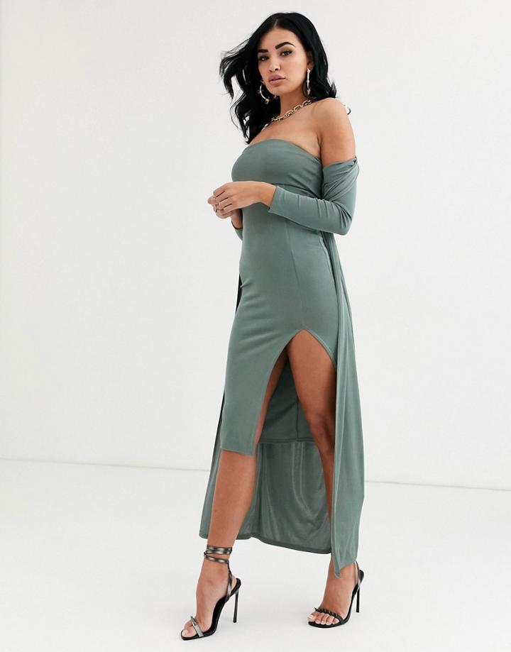 Asos Design Ruched Bandeau Midi Dress And Drape Jacket Set