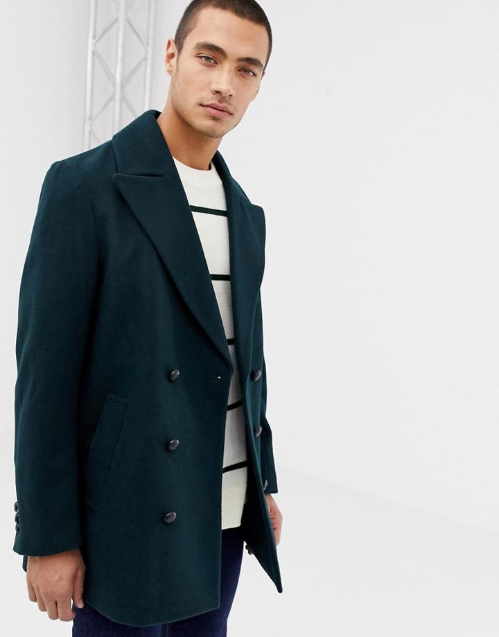 Asos Design Wool Mix Double Breasted Jacket In Dark Green - Green