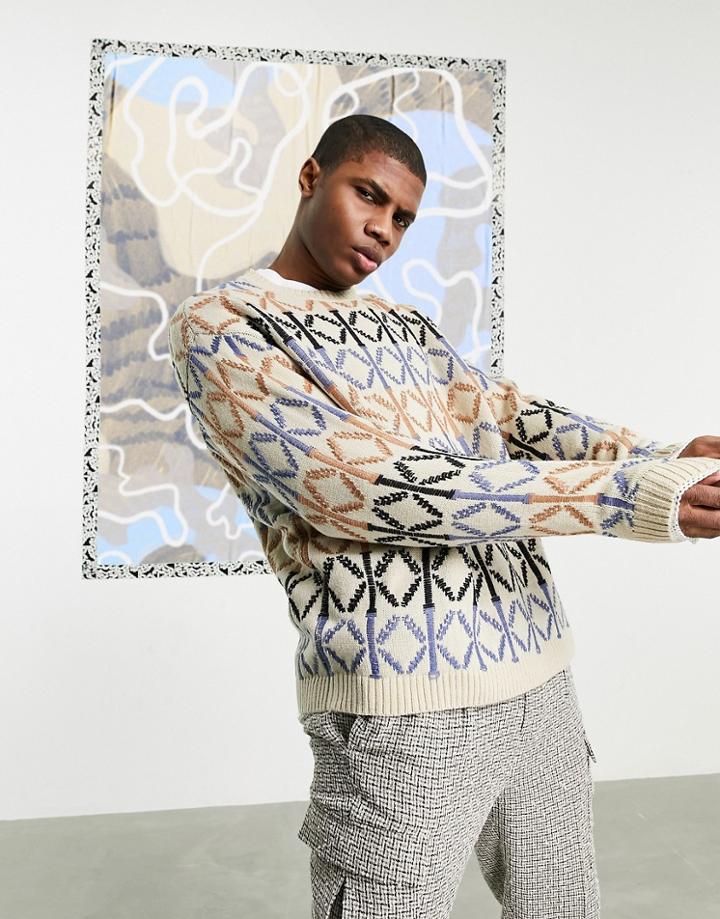 Asos Design Oversized Knit Sweater With Embroidered Aztec Pattern-multi