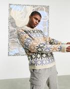 Asos Design Oversized Knit Sweater With Embroidered Aztec Pattern-multi