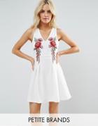 Parisian Petite Skater Dress With Rose Embroidery - White