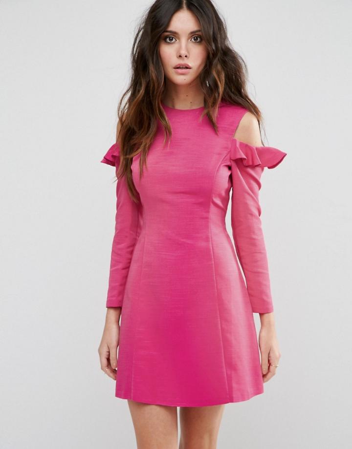 Asos Cold Shoulder Structured Dress With Ruffle - Pink