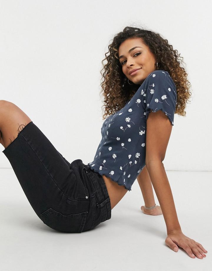 Cotton: On Shrunken Pointelle Tee In Navy Floral