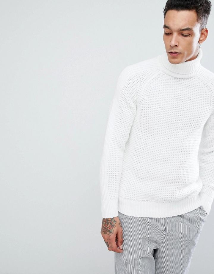 Bershka Waffle Knit Roll Neck Sweater In White - White