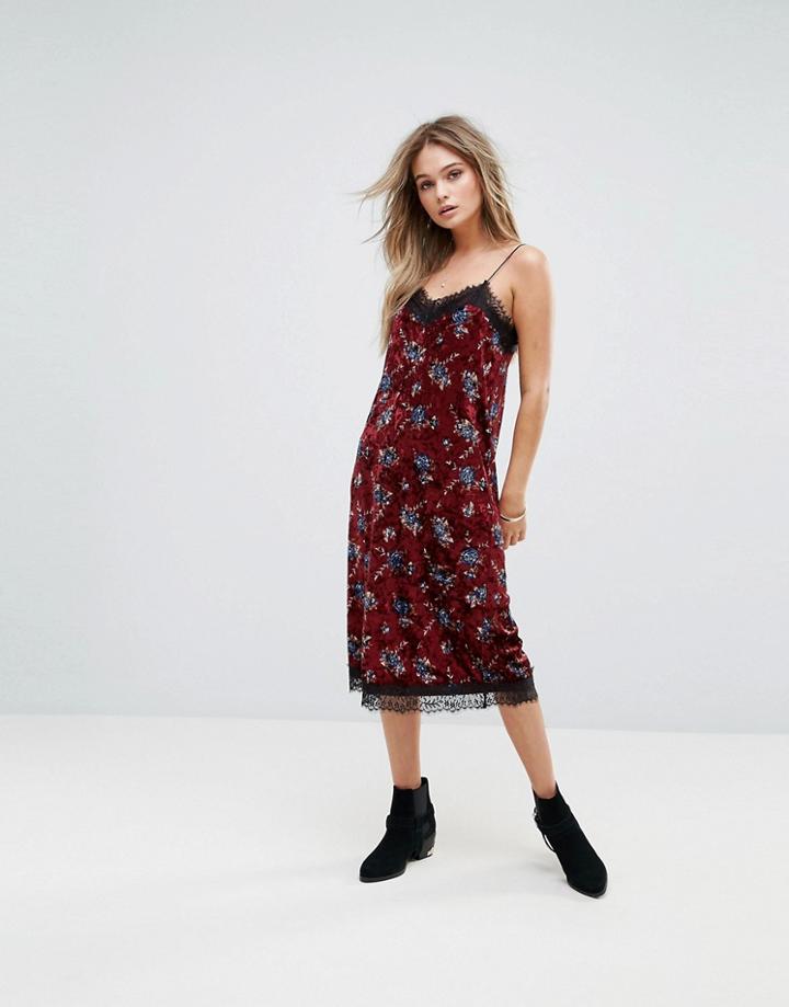 Moon River Velvet Printed Midi Dress With Lace Hem - Multi