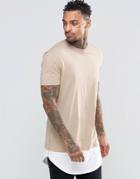 Asos Super Longline T-shirt With Curved Hem Extender And Side Zips In Beige - Beige