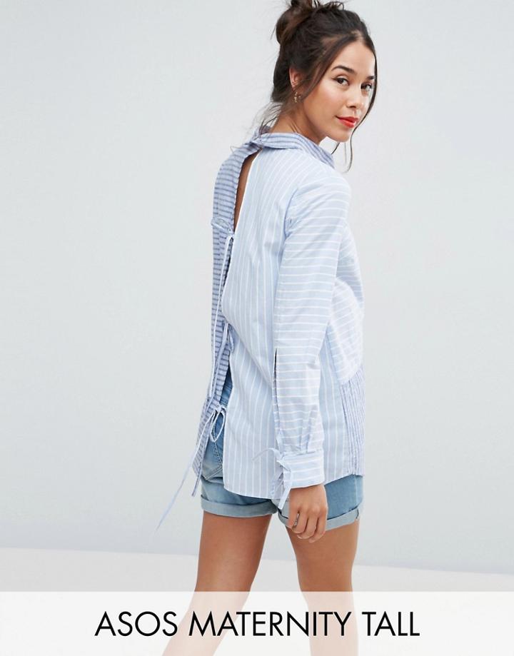 Asos Maternity Tall Mixed Stripe Shirt With Tie Back - Blue