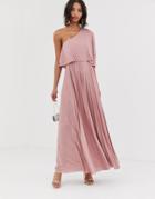 Asos One Shoulder Pleated Crop Top Maxi Dress-pink