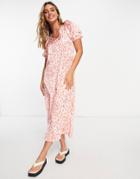 Vila Backless Satin Midi Dress With V Neck In Pink And Red Leopard Print