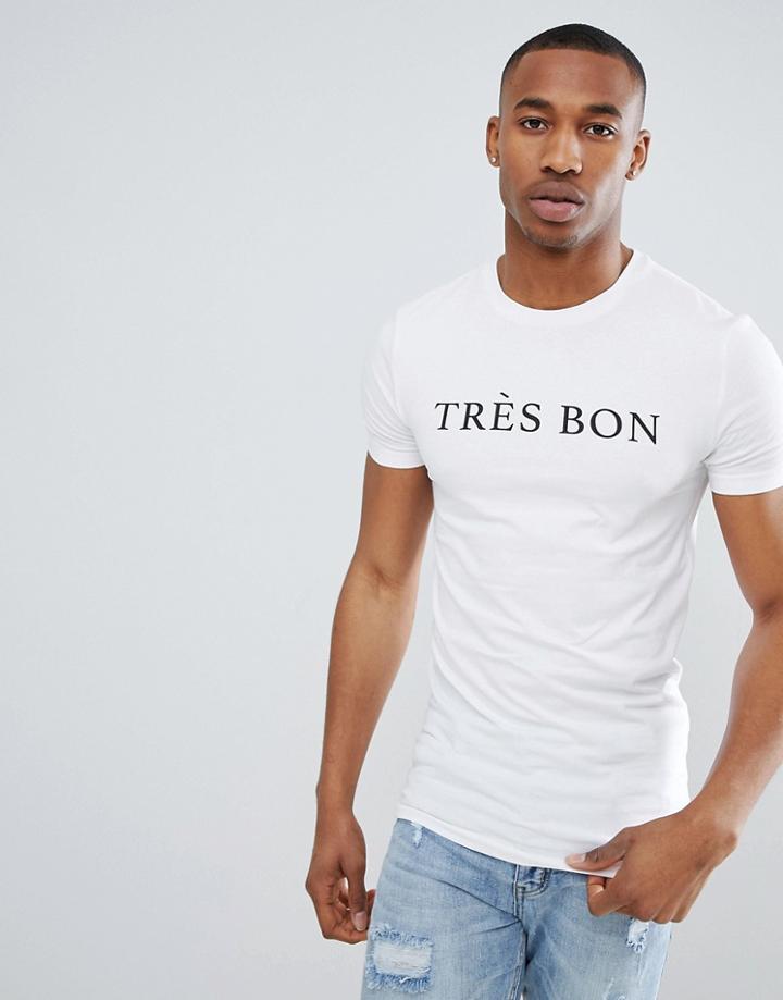 Asos Design Muscle Longline T-shirt With Tres Bon Print - White
