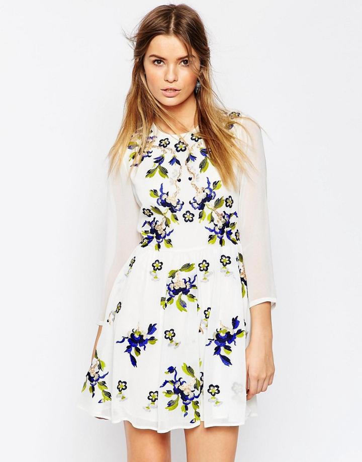 Asos Premium Mini Embroidered Skater Dress - Cream