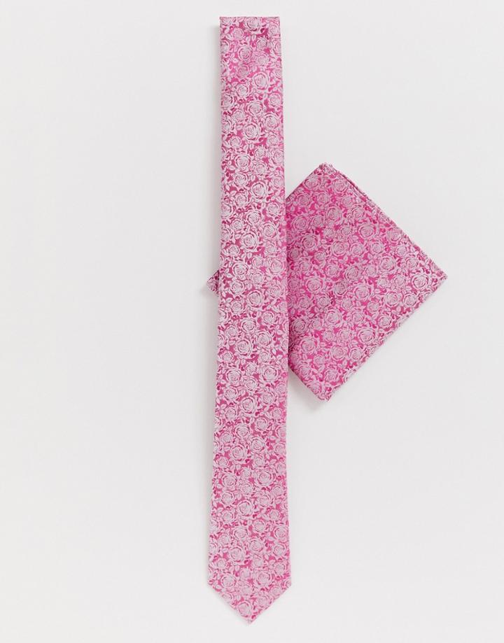 Moss London Tie & Pocket Square In Pink Rose Print - Pink