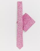 Moss London Tie & Pocket Square In Pink Rose Print - Pink