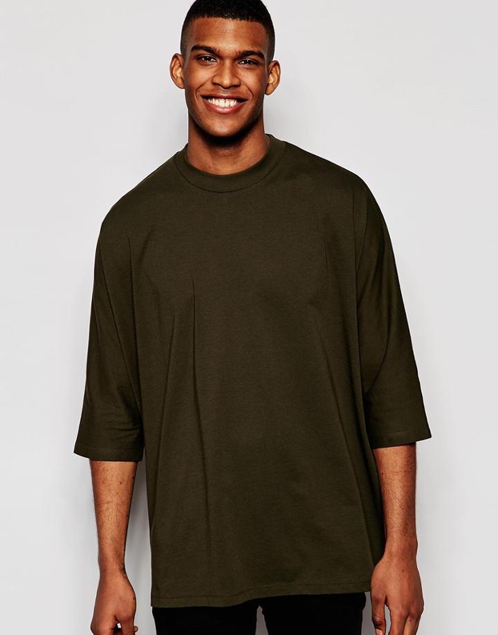 Asos Oversized 3/4 Sleeve T-shirt With Batwing In Green - Green