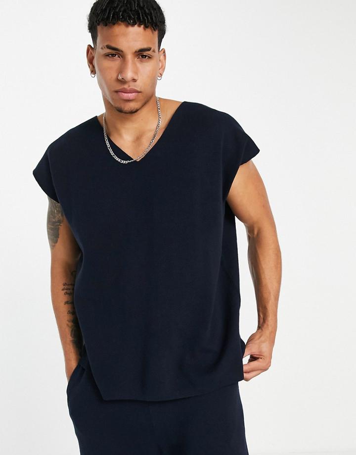 Asos Design Set Milano Knit V-neck Tank In Navy