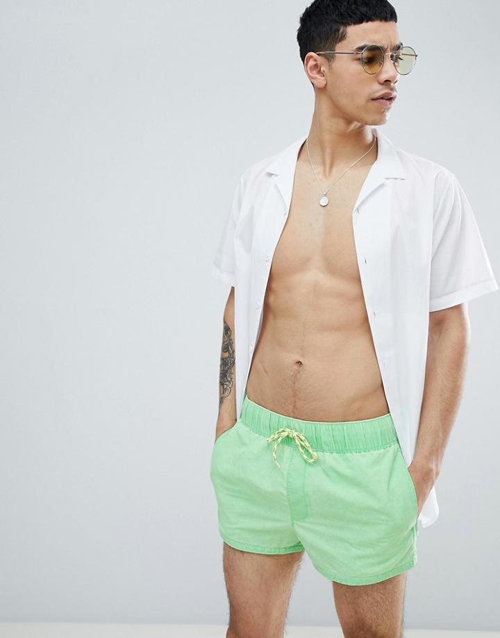 Asos Design Swim Shorts In Neon Green Acid Wash In Super Short Length - Green