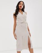 Asos Design Sleeveless Tux Midi Dress With Belt - Beige