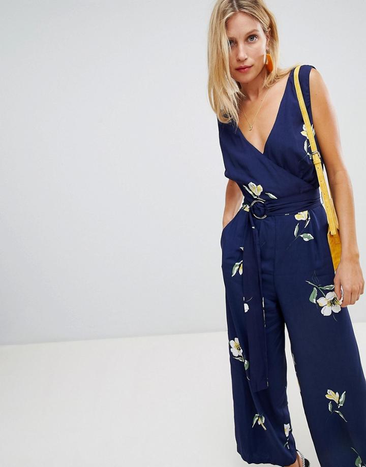Warehouse Floral Wrap Front Jumpsuit With Ring Belt In Navy - Multi