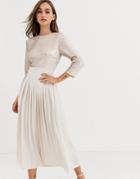 Little Mistress Pleated Midaxi Dress With Sequin Detail In Cream And Gold