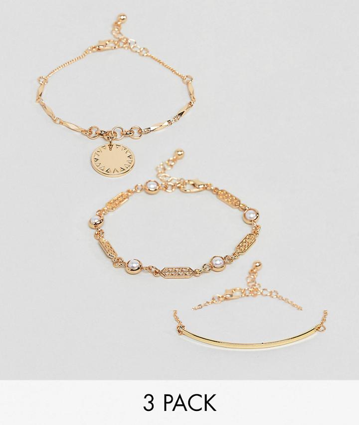 Asos Pack Of 3 Vintage Style Disc And Curved Bar Bracelets - Gold