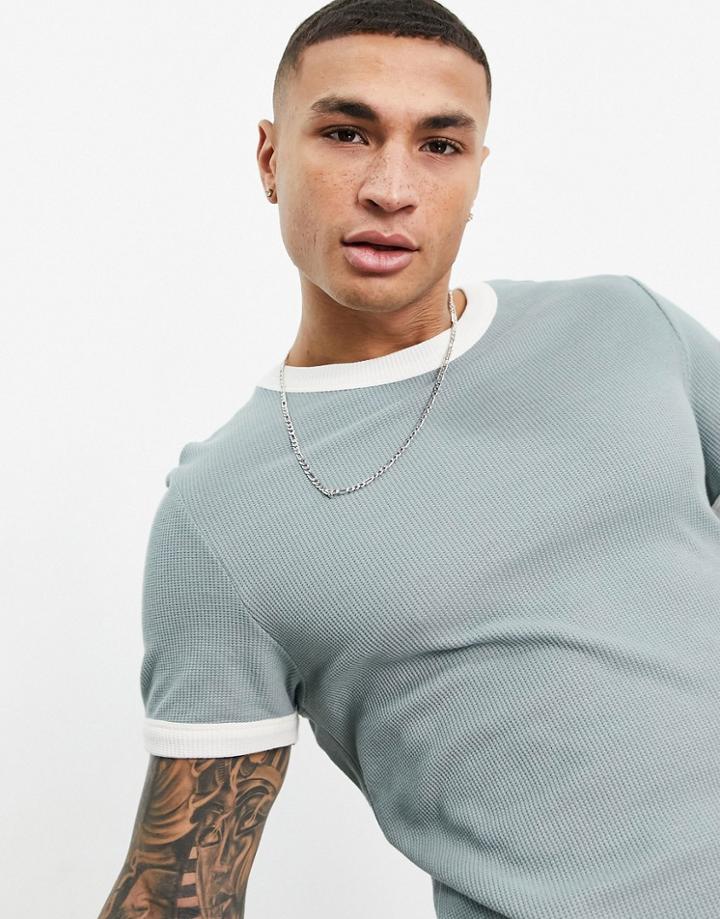 Asos Design Waffle T-shirt With Contrast Ringer In Blue Gray-grey