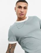 Asos Design Waffle T-shirt With Contrast Ringer In Blue Gray-grey