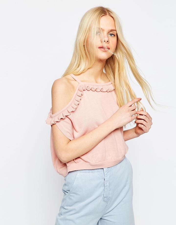 Asos Knitted Top With Ruffle Off Shoulder - Pink