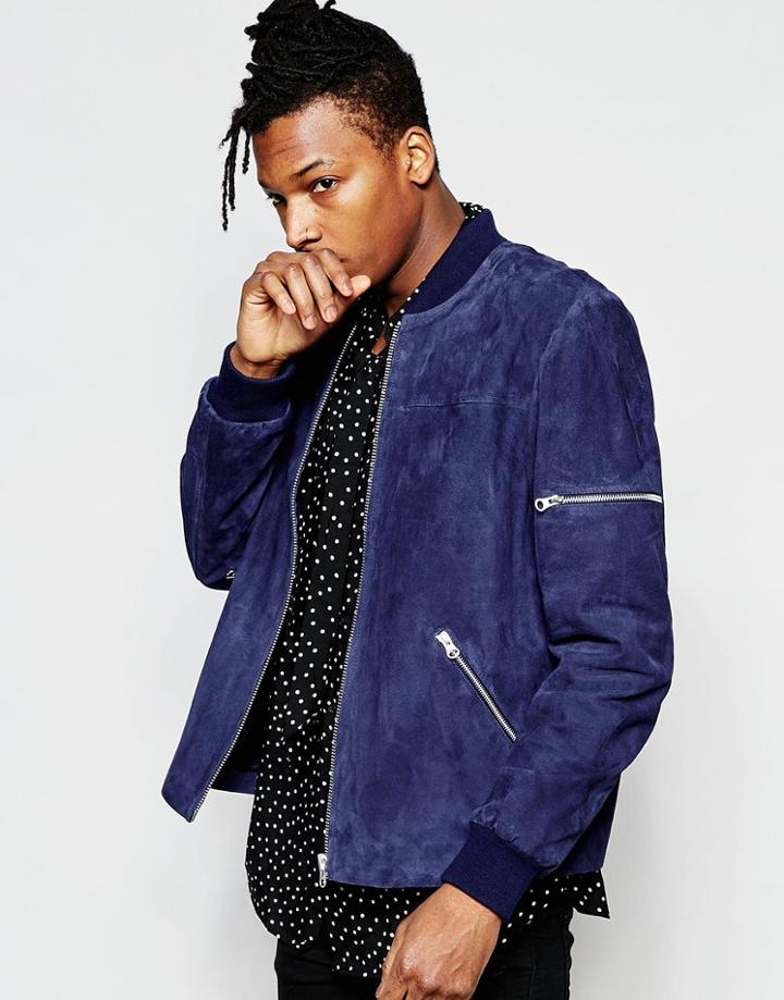 Asos Suede Bomber In Navy - Blue
