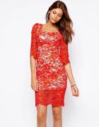 Arrogant Cat Sweetheart Neck Lace Pencil Dress - Red