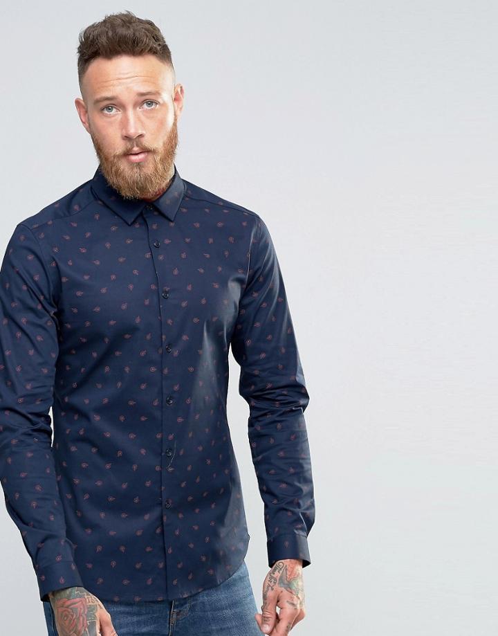 Asos Skinny Shirt In Navy Paisley Print - Navy