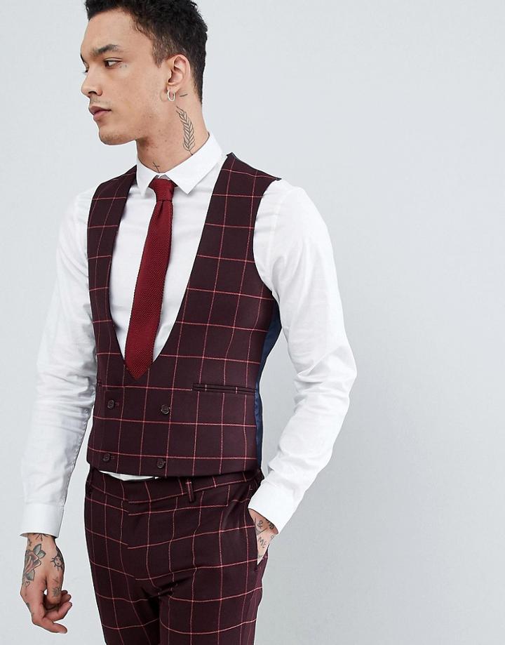 Asos Design Wedding Super Skinny Suit Vest In Wine And Orange Grid Check - Red
